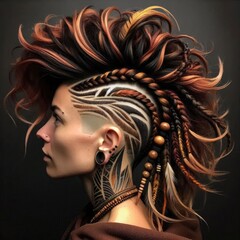 Bold faux hawk hairstyle with shaved tribal patterns, textured twists dyed in earth tones of ochre, terracotta, and deep burgundy, adorned with wooden beads, feathers, and gold metallic tattoos