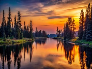 Fototapeta premium Serene Sunset Over Northern Coniferous Forest and River - Minimalist Landscape Photography