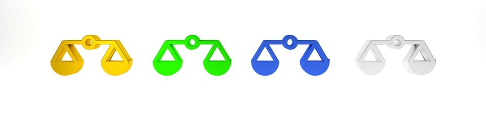 Colorful Scales of justice icon isolated on white background. Court of law symbol. Balance scale sign. Minimalism concept. 3D render illustration