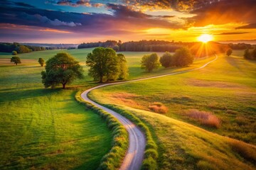 Fototapeta premium Serene Sunset Pathway in Grassy Field - Nature's Tranquility and Beauty