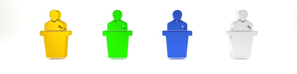 Colorful Speaker icon isolated on white background. Orator speaking from tribune. Public speech. Person on podium. Minimalism concept. 3D render illustration