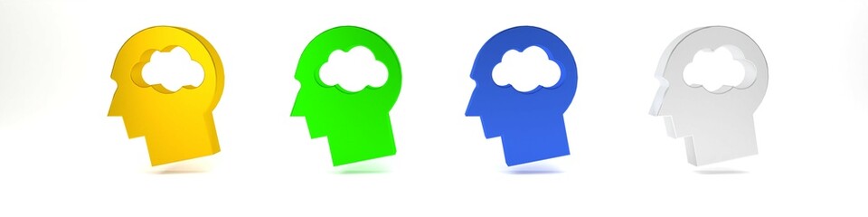 Colorful Head silhouette with cloud icon isolated on white background. Dreaming sign. Minimalism concept. 3D render illustration