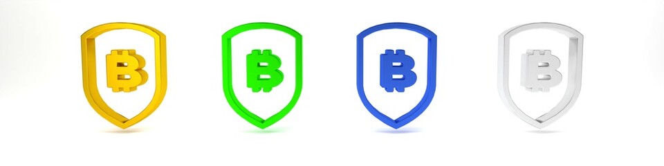 Colorful Shield with bitcoin icon isolated on white background. Cryptocurrency mining, blockchain technology, security, protect, digital money. Minimalism concept. 3D render illustration