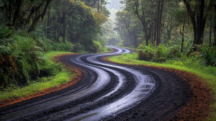 Obraz premium A Serene Journey Through Lush Green Foliage and a Winding Wet Country Road in Nature