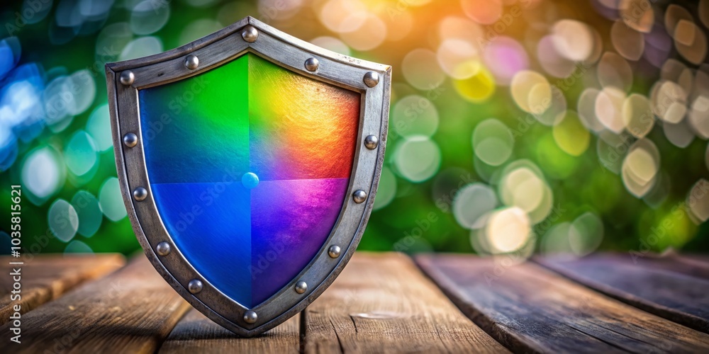 Poster shield symbol of protection and reliability - vector illustration with bokeh effect for design use
