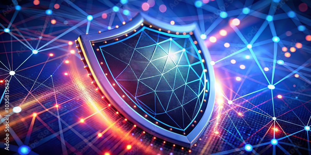 Poster shield symbol of security and protection with dots and lines connection for digital design