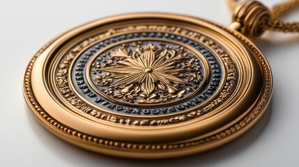 Obraz premium shiny gold medal gleaming against a seamless white background showcasing intricate details and symbols of achievement evoking feelings of victory and excellence in a polished presentation