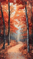 A picturesque autumn scene of trees adorned with vibrant red and orange leaves, creating an enchanting backdrop for nature lovers who enjoy walking along