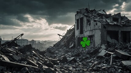 Fototapeta premium Ruins of a post-war city and clover leaves