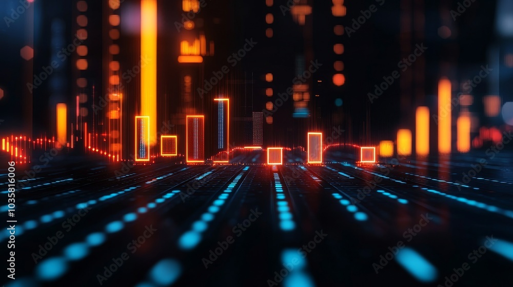 Poster a vibrant, abstract visualization of data trends featuring glowing bars and lines against a dark bac