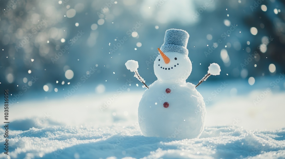 Poster snowman basking in the sunset light, creating a magical scene for christmas and new year.
