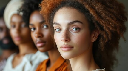 Obraz premium side profile of a diverse group of individuals standing together showcasing their unique features and cultural backgrounds in a harmonious display of unity and inclusivity