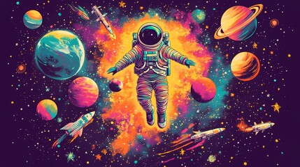 Naklejka premium Vibrant space scene with an astronaut floating amidst colorful planets and rockets.