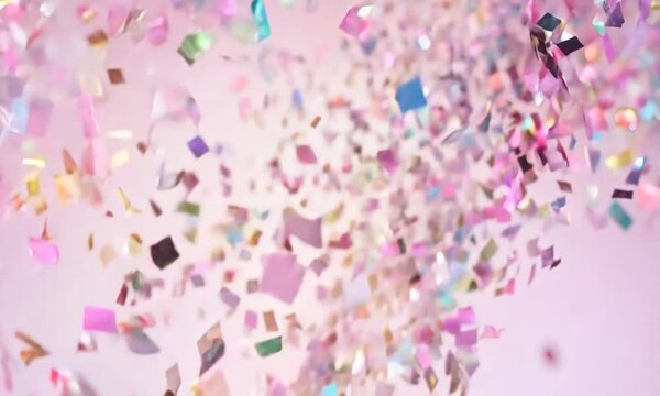 Vibrant falling confetti in pastel colors against a soft blurred background creating a festive atmosphere