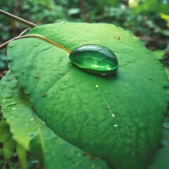 Illustration of fresh water drop on green leaf.