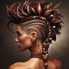 Bold faux hawk hairstyle with shaved tribal patterns, textured twists dyed in earth tones of ochre, terracotta, and deep burgundy, adorned with wooden beads, feathers, and gold metallic tattoos