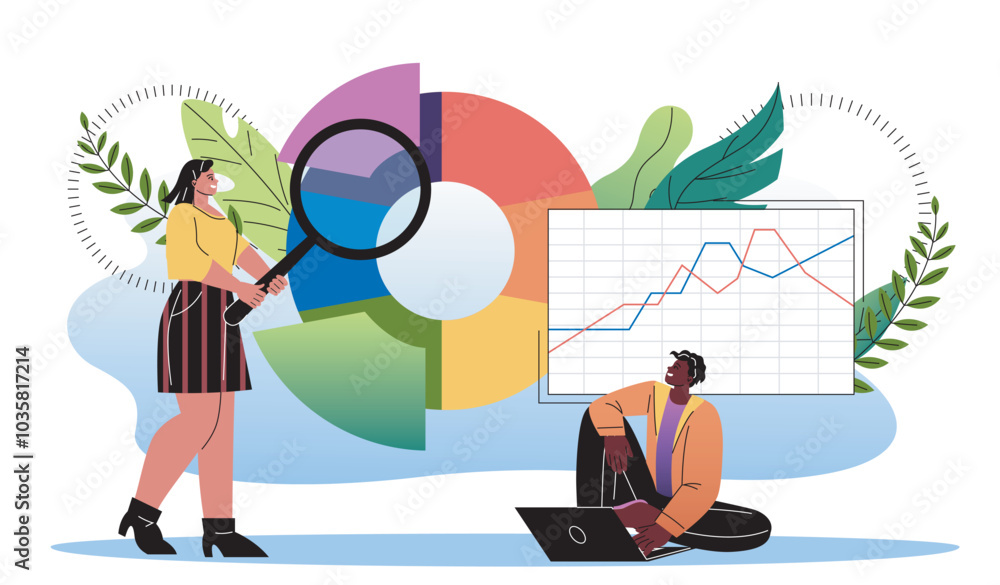 Poster people with statistic analysis. man with laptop and woman with magnifying glass evaluate graphs and 