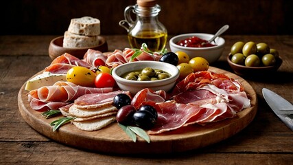 Delicious  traditional Italian antipasto with variety of cheese and cured meat,  arranged on a rustic wooden table