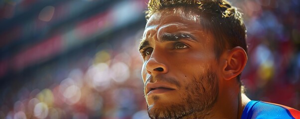 Obraz premium Intense Portrait of a Determined Athlete in a Stadium Setting, Capturing Raw Emotion and Focus