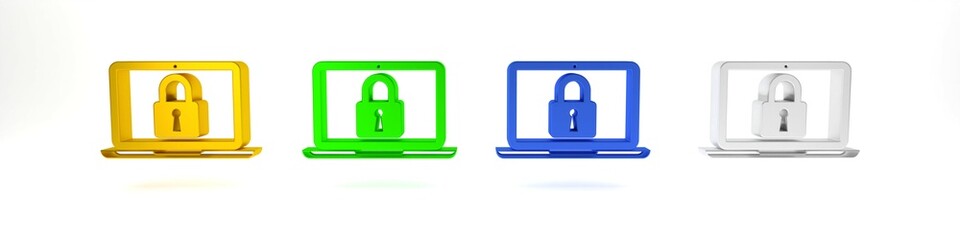 Colorful Laptop and lock icon isolated on white background. Computer and padlock. Security, safety, protection concept. Safe internetwork. Minimalism concept. 3D render illustration