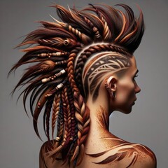 Bold faux hawk hairstyle with shaved tribal patterns, textured twists dyed in earth tones of ochre, terracotta, and deep burgundy, adorned with wooden beads, feathers, and gold metallic tattoos