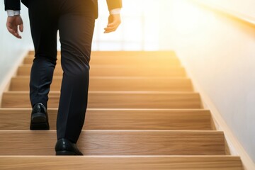 Ambitions concept with businessman climbing stairs