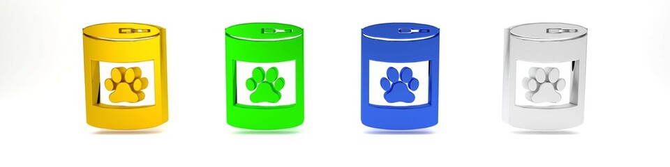 Colorful Canned food icon isolated on white background. Food for animals. Pet food can. Dog or cat paw print. Minimalism concept. 3D render illustration