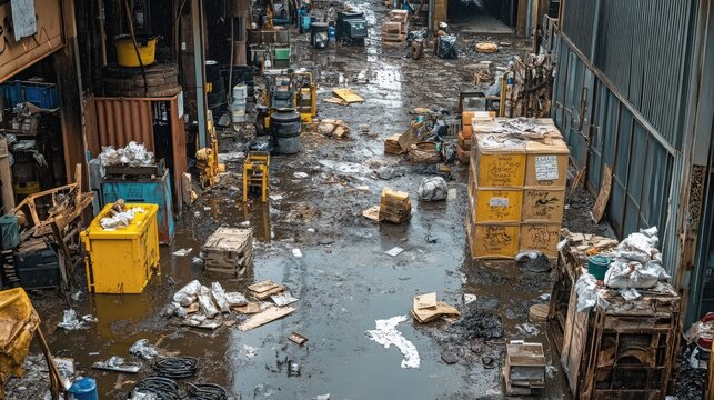Industrial Waste Site with Puddles and Debris