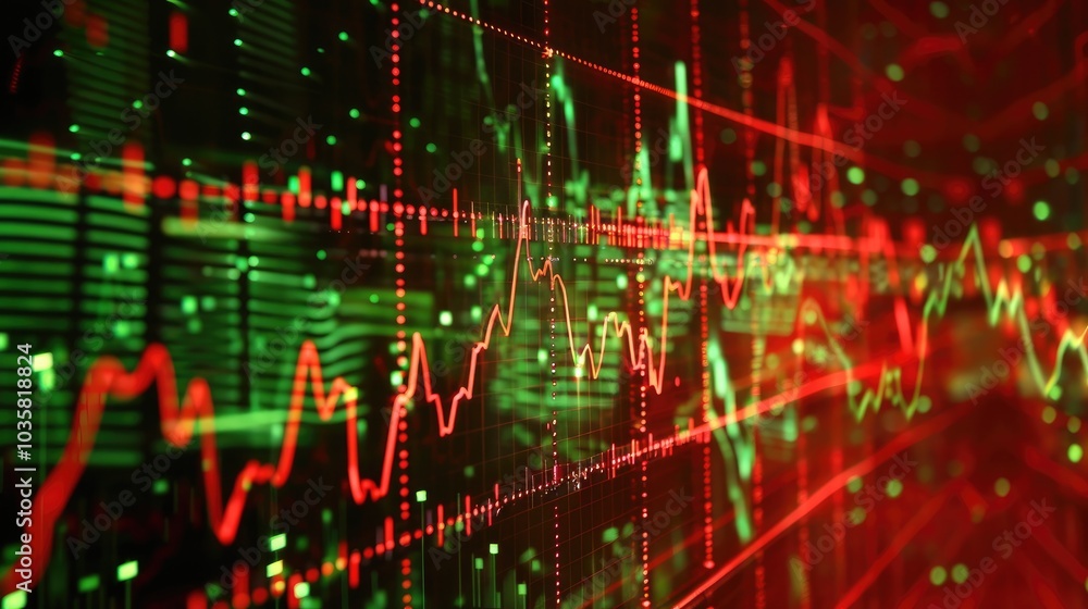 Poster abstract financial data visualization in red and green