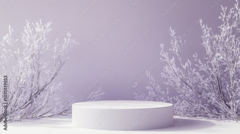 Aufkleber A tranquil winter scene features a circular platform resting on a soft blanket of snow. Surrounding the platform, delicate frost-covered branches create a peaceful atmosphere during twilight hours.