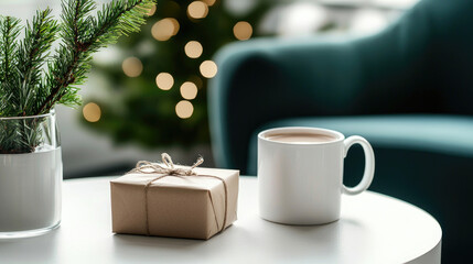 A cozy Christmas scene featuring a wrapped gift, a steaming mug, and festive greenery against a softly lit background.