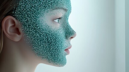 Profile of a woman with a futuristic, textured face design in soft lighting, AI