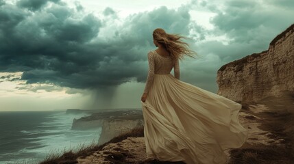A woman in a flowing dress standing on a cliff, gazing at a stormy sky.