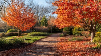 A picturesque autumn scene of trees adorned with vibrant red and orange leaves, creating an enchanting backdrop for nature lovers who enjoy walking along