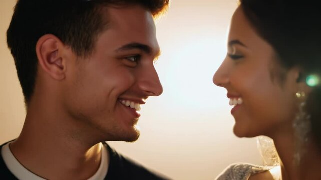 Close-up of a couple smiling at each other, their faces lit by the golden light of the sunset, radiating love and happiness. The warmth of the moment captures true affection.