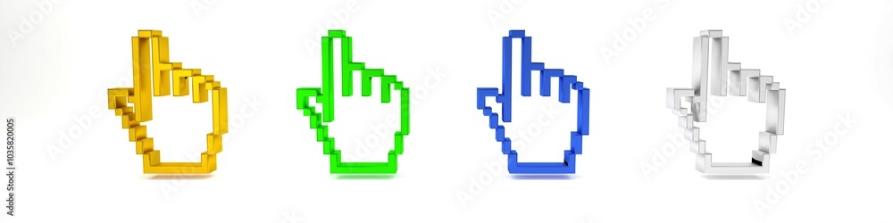 Poster colorful pixel hand cursor icon isolated on white background. pointer hand cursor. minimalism concep