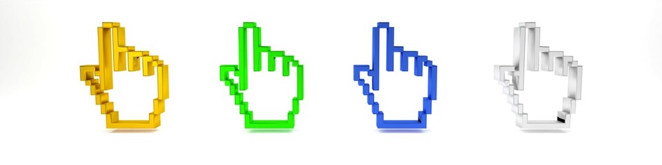 Colorful Pixel hand cursor icon isolated on white background. Pointer hand cursor. Minimalism concept. 3D render illustration