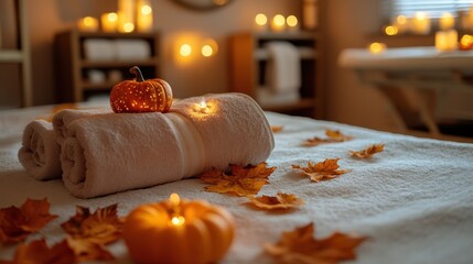 Pumpkins in bed linen and towels in the hotel spa and wellness salon, Thanksgiving special offer for hotel services