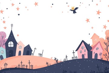 Fototapeta premium Cute cartoon vector-style Halloween background with pastel colors, featuring a haunted house silhouette, tiny crosses, and a flying witch over pink hills and purple trees against a gradient background