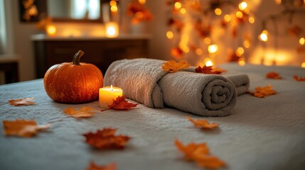 Pumpkins in bed linen and towels in the hotel spa and wellness salon, Thanksgiving special offer for hotel services