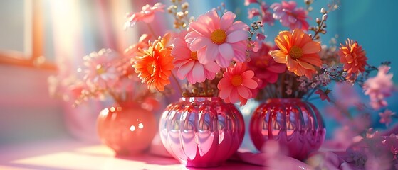 Vibrant floral arrangements in colorful vases bringing life and warmth to any space with a touch of nature's beauty