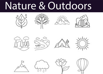 Nature Outdoors Line Art Icon Set Design