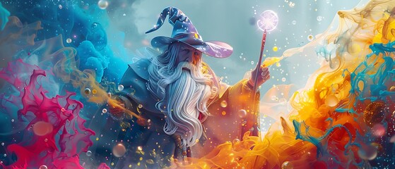 Obraz premium A mystical sorcerer brimming with magical energy surrounded by vibrant colors and enigmatic elements of fantasy and wonder