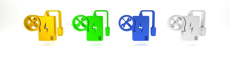 Colorful Power bank with screwdriver and wrench icon isolated on white background. Adjusting, service, setting, maintenance, repair, fixing. Minimalism concept. 3D render illustration