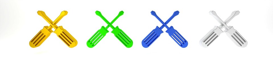 Colorful Crossed screwdrivers icon isolated on white background. Service tool symbol. Minimalism concept. 3D render illustration