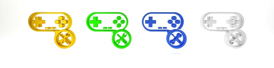 Colorful Gamepad with screwdriver and wrench icon isolated on white background. Adjusting, service, setting, maintenance, repair, fixing. Minimalism concept. 3D render illustration