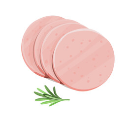 Sliced bologna sausage with herb on white. © Alina