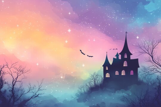 Cute pastel goth Halloween background featuring a haunted house silhouette against a pastel rainbow gradient sky, with stars and diamonds, and white space for writing.