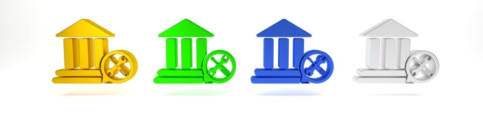 Colorful Bank building with screwdriver and wrench icon isolated on white background. Adjusting, service, setting, maintenance, repair, fixing. Minimalism concept. 3D render illustration