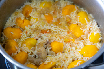Traditional Brazilian dish rice, chicken and pequi (caryocar brasileinse) known as galinhada goiana
